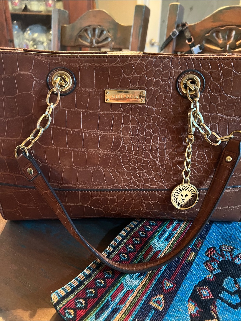 Anne Klein Brown Croc-Embossed Chain Shoulder Bag with Gold Charm
